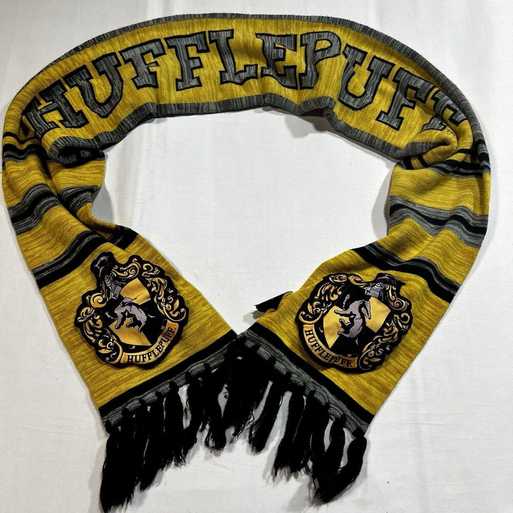 Official Harry Potter Hufflepuff Knit Scarf Yellow Black Grey With Patches